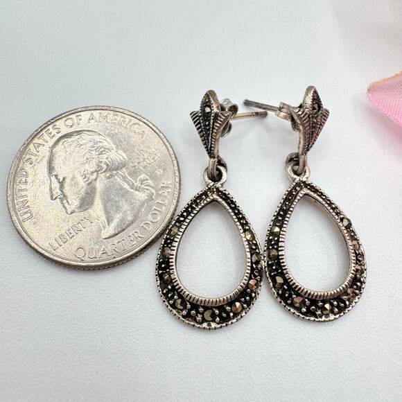 Vintage Marcasite Fleur de Lis 925 CN Sterling Silver Teardrop Earrings Tested - Picture 6 of 10